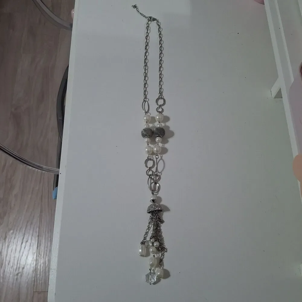 Silver Tone Ringlet Chain Clear Round Faux Pearl Beaded Statement Necklace